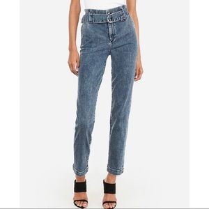 High waisted belted ruffle denim trouser